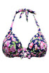 Sexy Floral Print Navy Retro Tie Front Bikini Top